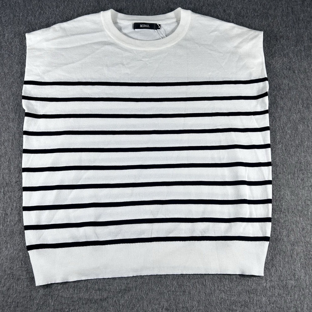 Women's Pullover Sweater Vest Boxy White Black Striped Preppy Nautical Size L